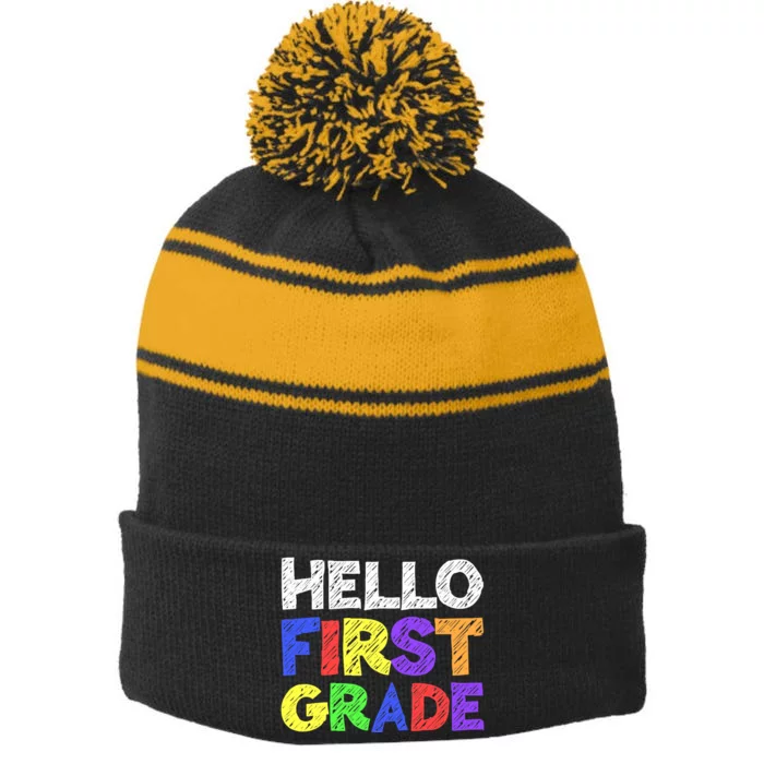 Hello First Grade 1st Grade Back To School Stripe Pom Pom Beanie