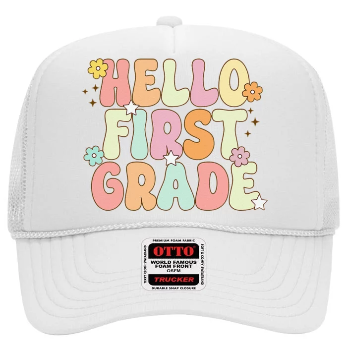 Hello First Grade Team 1st Grade Back To School Teacher High Crown Mesh Trucker Hat