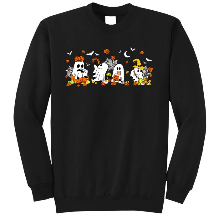 Halloween Fall Ghost Book Reading Cute Ghost Drinking Coffee Gift Tall Sweatshirt