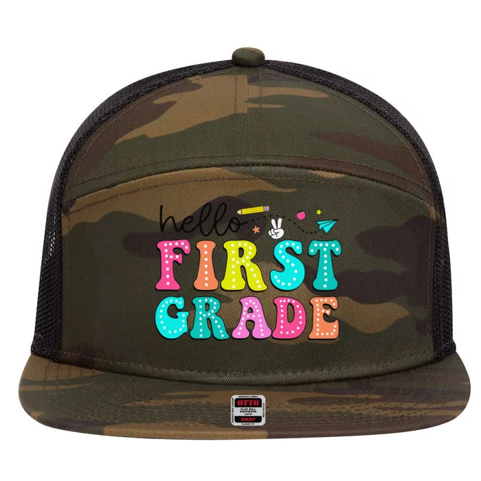 Hello First Grade Teacher Back To School First Day Gift 7 Panel Mesh Trucker Snapback Hat