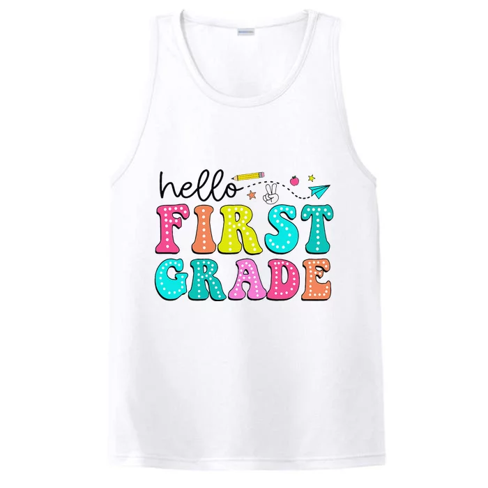 Hello First Grade Teacher Back To School First Day Gift Performance Tank