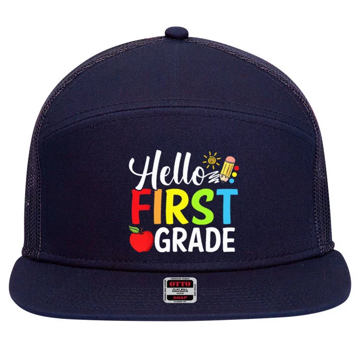 Hello First Grade Team 1st Grade Back To School Teacher 7 Panel Mesh Trucker Snapback Hat