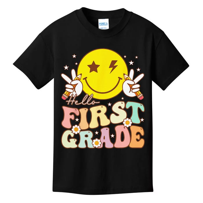 Hello First Grade Hippie Smile Face 1st Grade Back To School Kids T-Shirt