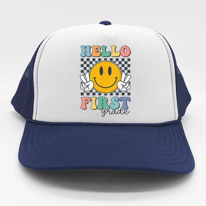 Hello First Grade Retro Smile Team 1st Grade Back To School Trucker Hat