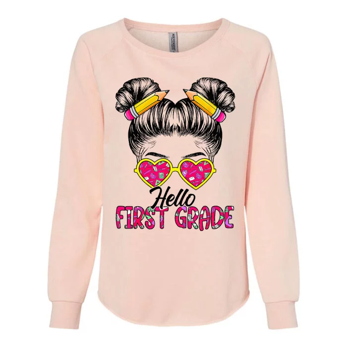 Hello First Grade Messy Bun Back To School First Day Womens California Wash Sweatshirt