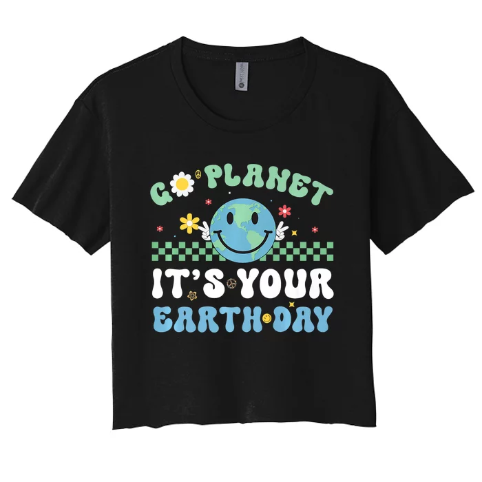 Hippie Face Go Planet Its Your Earth Day Peace Groovy Women's Crop Top Tee