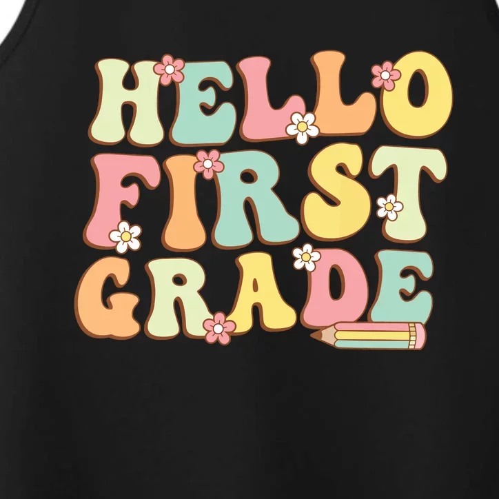 Hello First Grade Team 1st Grade Teacher Girl Back To School. Performance Tank