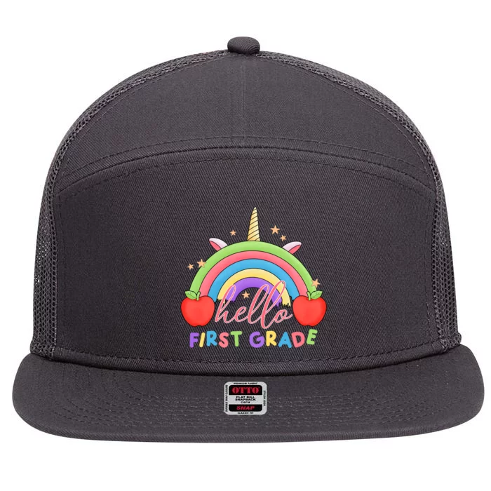 Hello First Grade Rainbow Back To School 7 Panel Mesh Trucker Snapback Hat