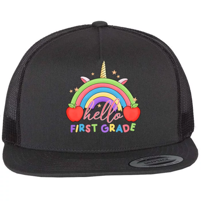 Hello First Grade Rainbow Back To School Flat Bill Trucker Hat