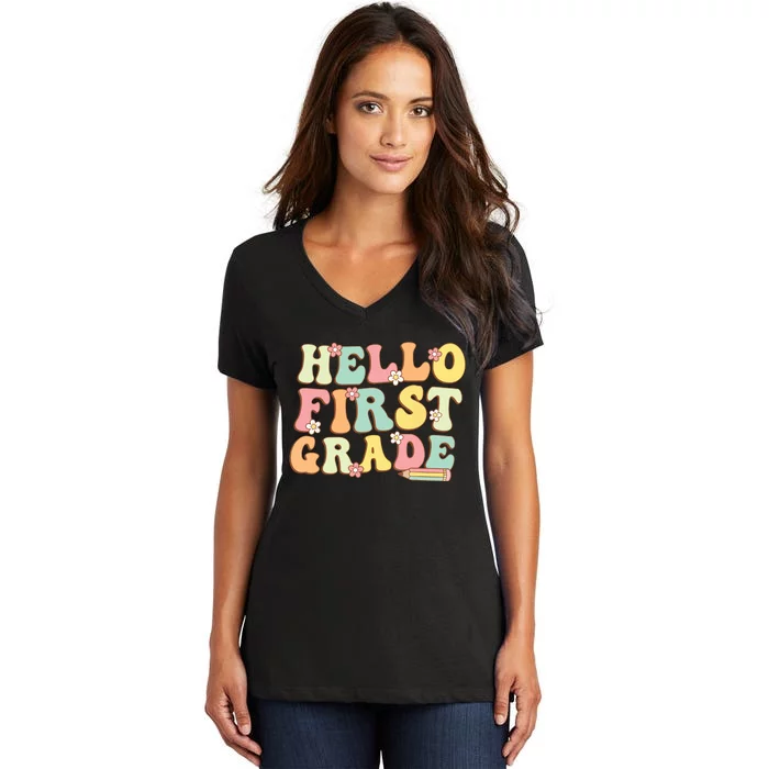 Hello First Grade Team 1st Grade Teacher Girl Back To School Women's V-Neck T-Shirt