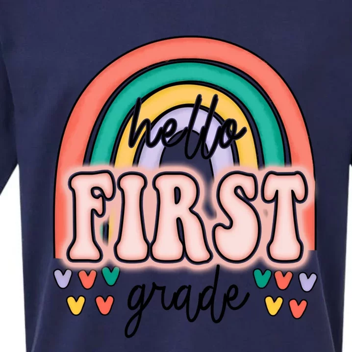 Hello First Grade Teacher Rainbow For Welcome Back To School Gift Sueded Cloud Jersey T-Shirt