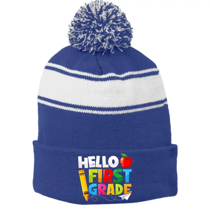 Hello First Grade 1St Day Of School Teacher Great Gift Stripe Pom Pom Beanie