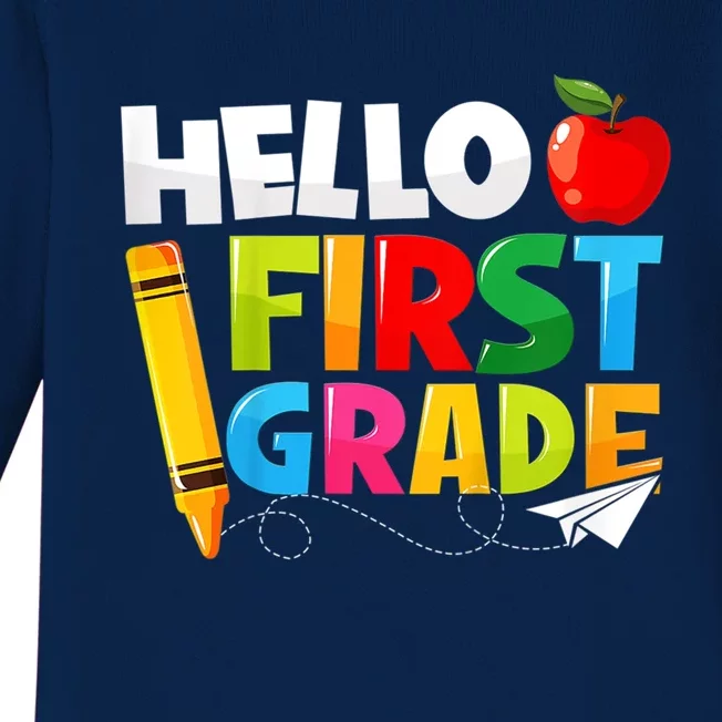 Hello First Grade 1St Day Of School Teacher Great Gift Baby Long Sleeve Bodysuit