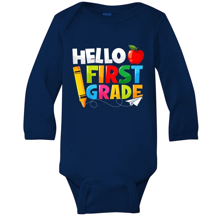 Hello First Grade 1St Day Of School Teacher Great Gift Baby Long Sleeve Bodysuit