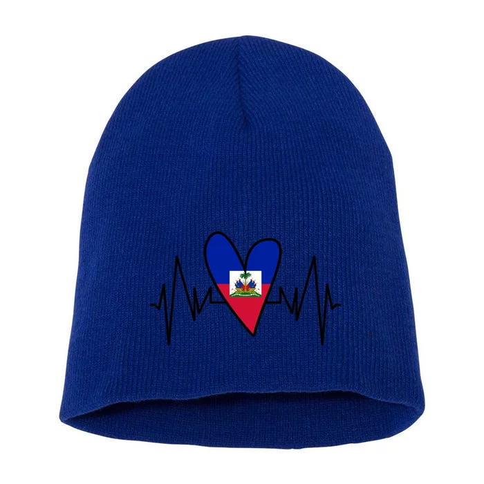 Haitian Flag Heartbeat Ekg Heart Gift Short Acrylic Beanie