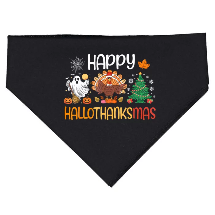 Hallothanksmas Funny Halloween Thanksgiving Christmas USA-Made Doggie Bandana