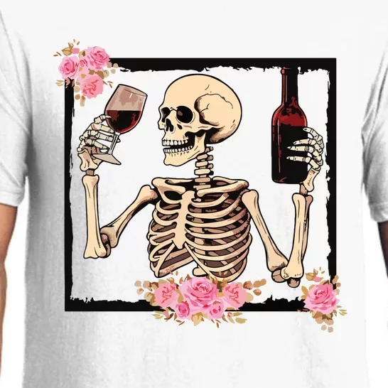 Halloween Funny Hallowine Floral Skeleton Drinking Wine Pajama Set