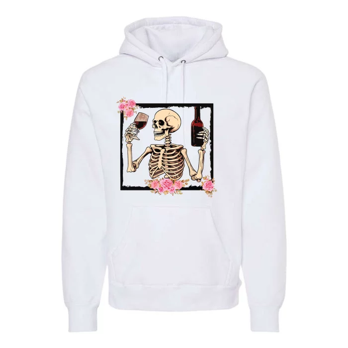 Halloween Funny Hallowine Floral Skeleton Drinking Wine Premium Hoodie