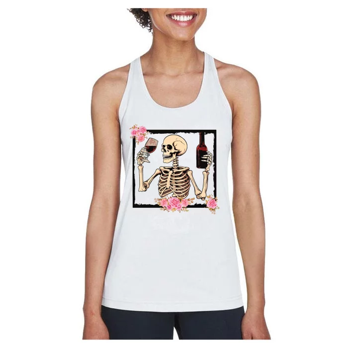 Halloween Funny Hallowine Floral Skeleton Drinking Wine Women's Racerback Tank