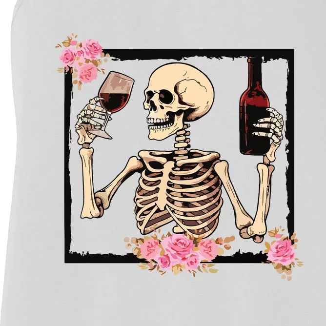 Halloween Funny Hallowine Floral Skeleton Drinking Wine Women's Racerback Tank