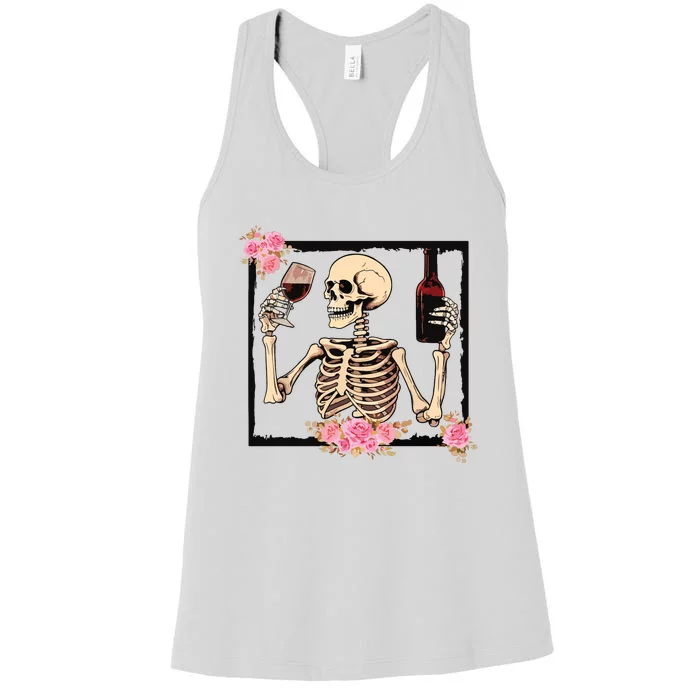 Halloween Funny Hallowine Floral Skeleton Drinking Wine Women's Racerback Tank