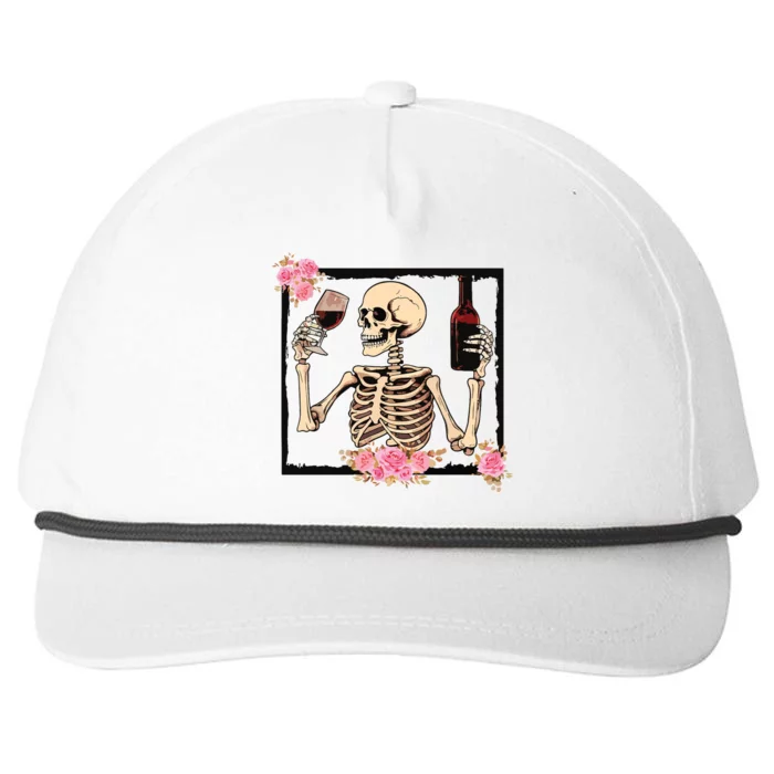 Halloween Funny Hallowine Floral Skeleton Drinking Wine Snapback Five-Panel Rope Hat