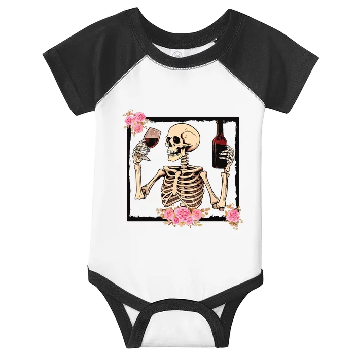 Halloween Funny Hallowine Floral Skeleton Drinking Wine Infant Baby Jersey Bodysuit