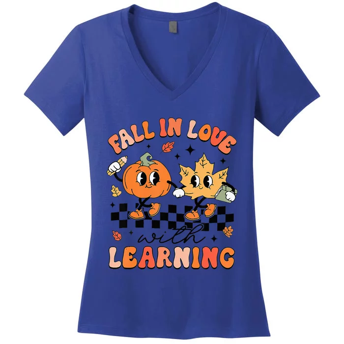 Halloween Fall In Love With Learning Thanksgiving Teacher Women's V-Neck T-Shirt