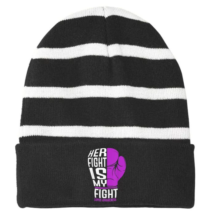 Her Fight Is My Fight SLE Lupus Awareness Purple Boxing Striped Beanie with Solid Band