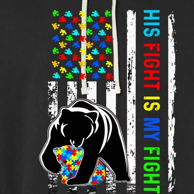 His Fight Is My Fight American Flag Puzzle Autism Awareness Garment-Dyed Fleece Hoodie