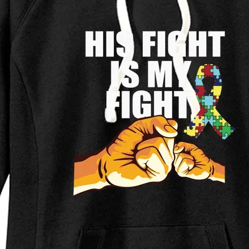 His Fight Is My Fight Autism Awareness Day Ribbon Puzzle Women's Fleece Hoodie