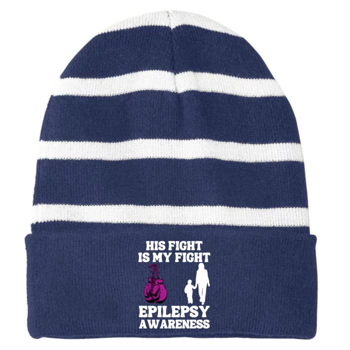 His Fight Is My Fight Purple Ribbon Epilepsy Awareness Striped Beanie with Solid Band