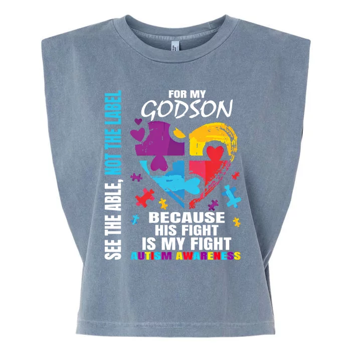 His Fight Is My Fight Blue Godson Autism Awareness Godmother Gift Garment-Dyed Women's Muscle Tee