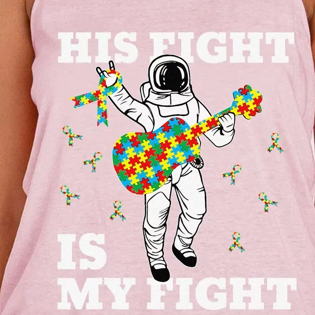 His Fight Is My Fight Astronaut Autism Awareness Women's Knotted Racerback Tank