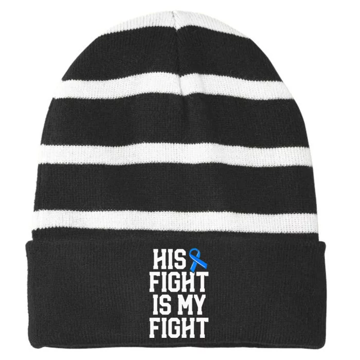 His Fight Is My Fight Wife  ALS Blue Ribbon Awareness Striped Beanie with Solid Band