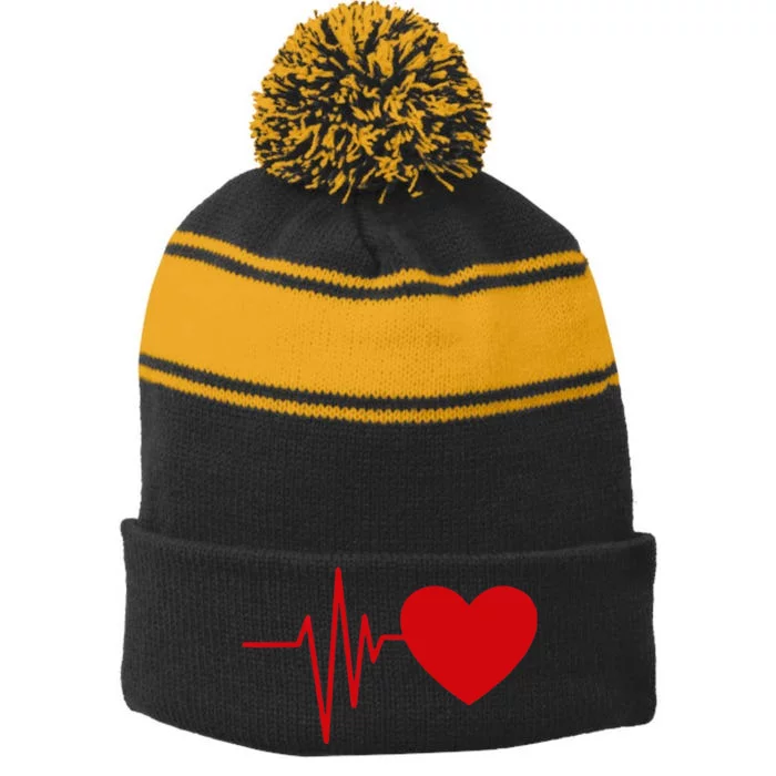 Heartbeat Funny Love Cute Red Heart Beat Valentine's Day Stripe Pom Pom Beanie