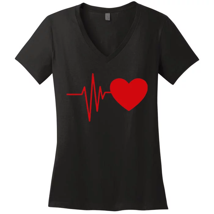 Heartbeat Funny Love Cute Red Heart Beat Valentine's Day Women's V-Neck T-Shirt