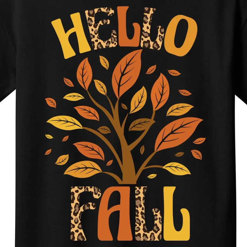 Hello Fall Leopard Season Nature Kids T-Shirt