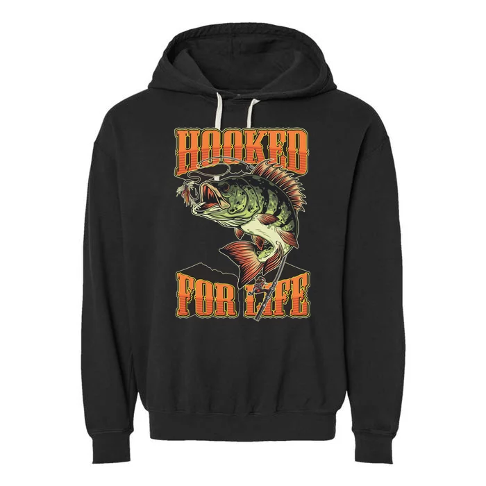 Hooked For Life Funny Fishing Bass Fish Design Garment-Dyed Fleece Hoodie