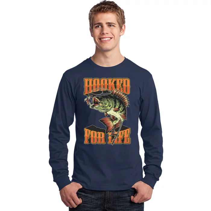 Hooked For Life Funny Fishing Bass Fish Design Long Sleeve Shirt