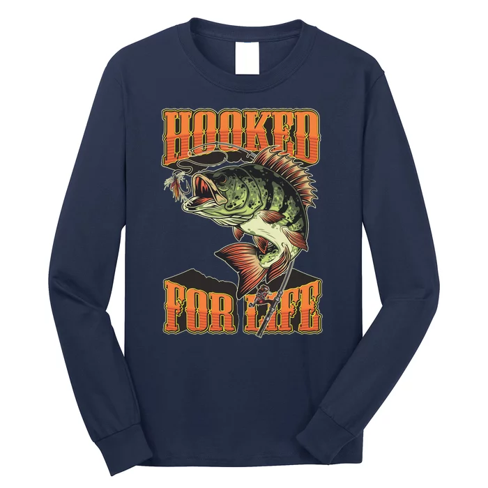 Hooked For Life Funny Fishing Bass Fish Design Long Sleeve Shirt