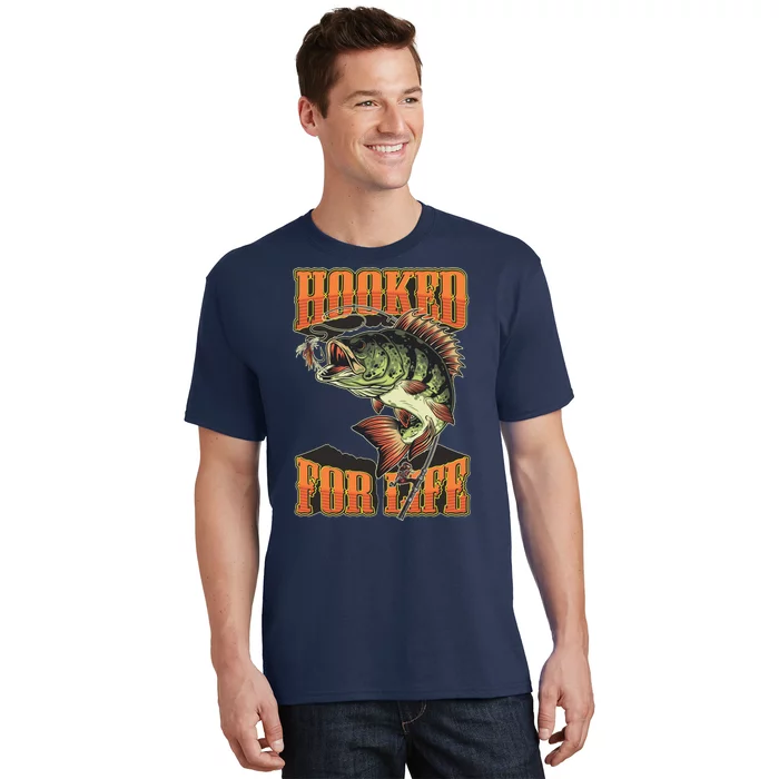 Hooked For Life Funny Fishing Bass Fish Design T-Shirt