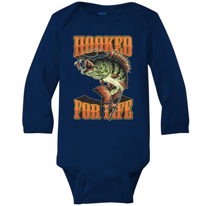 Hooked For Life Funny Fishing Bass Fish Design Baby Long Sleeve Bodysuit