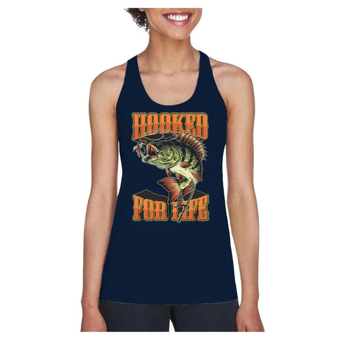 Hooked For Life Funny Fishing Bass Fish Design Women's Racerback Tank