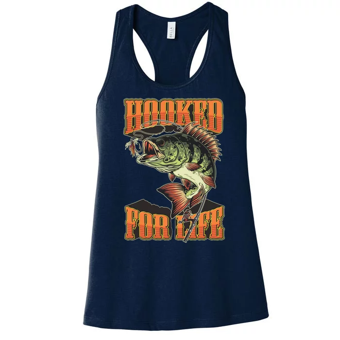 Hooked For Life Funny Fishing Bass Fish Design Women's Racerback Tank