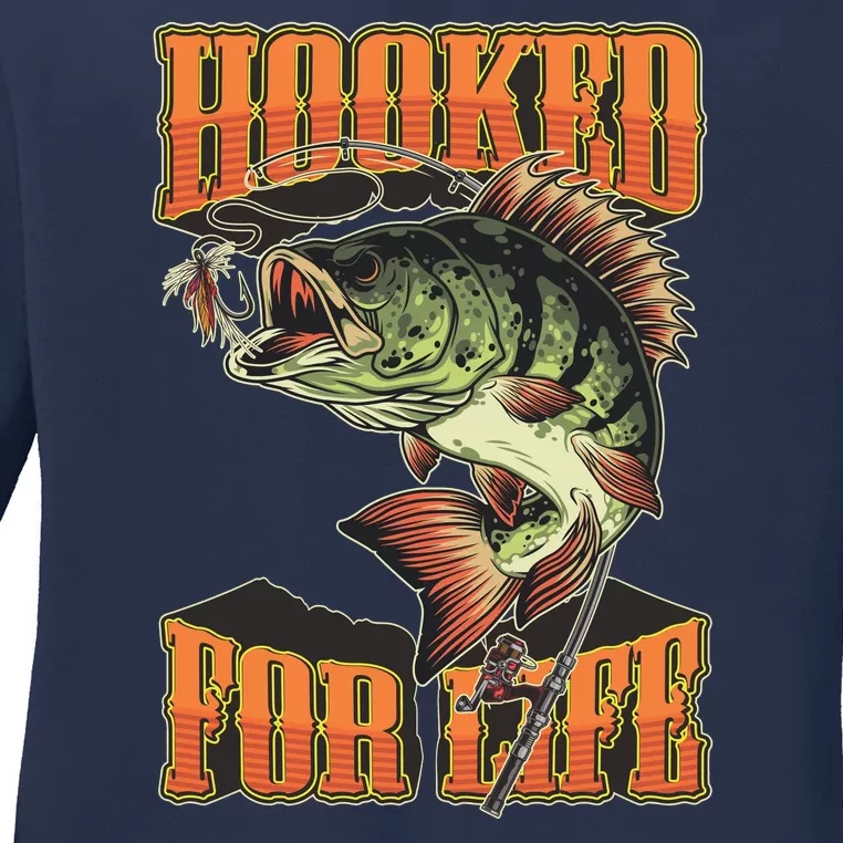 Hooked For Life Funny Fishing Bass Fish Design Ladies Long Sleeve Shirt