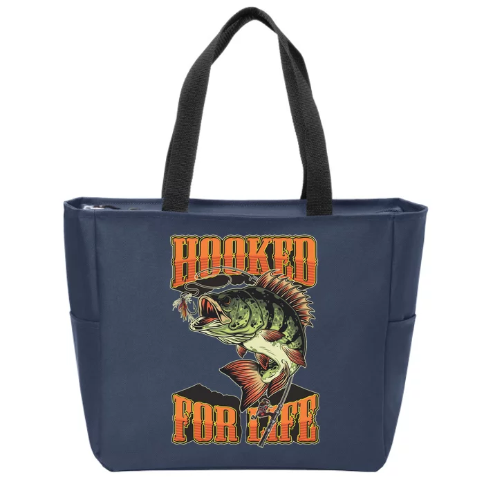 Hooked For Life Funny Fishing Bass Fish Design Zip Tote Bag