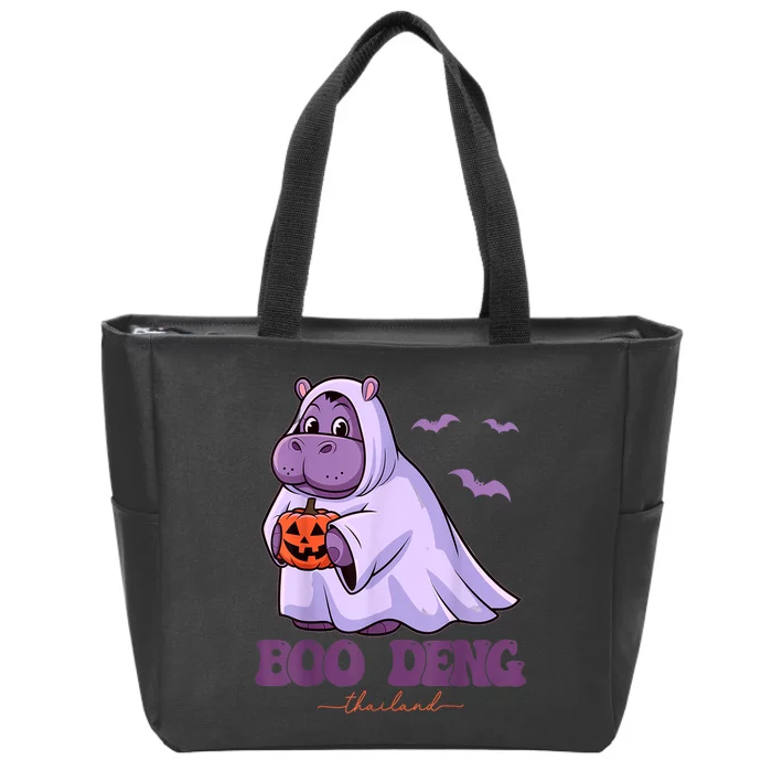 Halloween Funny Moo Deng Cute Baby Pygmy Hippo Bouncy Pig In Thai Gift Zip Tote Bag