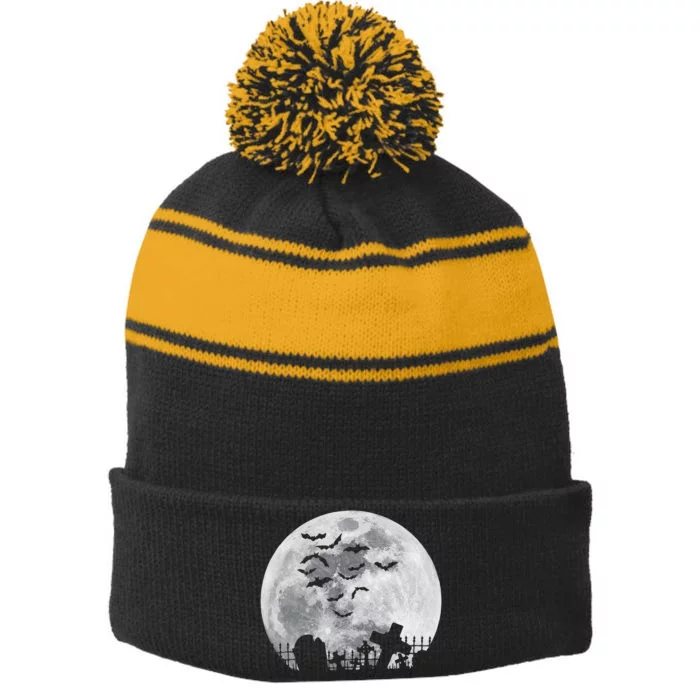 Halloween Full Moon Cemetery Graveyard Spooky Bats Night Stripe Pom Pom Beanie