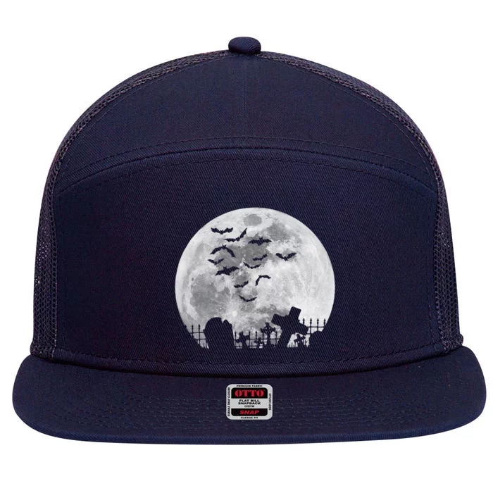 Halloween Full Moon Cemetery Graveyard Spooky Bats Night 7 Panel Mesh Trucker Snapback Hat